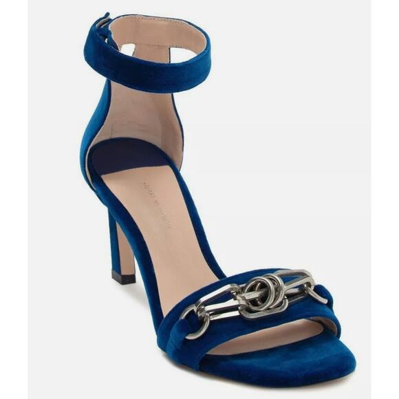 Stuart Weitzman Blue Velvet Chain Heels | Size 8.5 | Y2K Night Out | Vintage - Picture 1 of 5